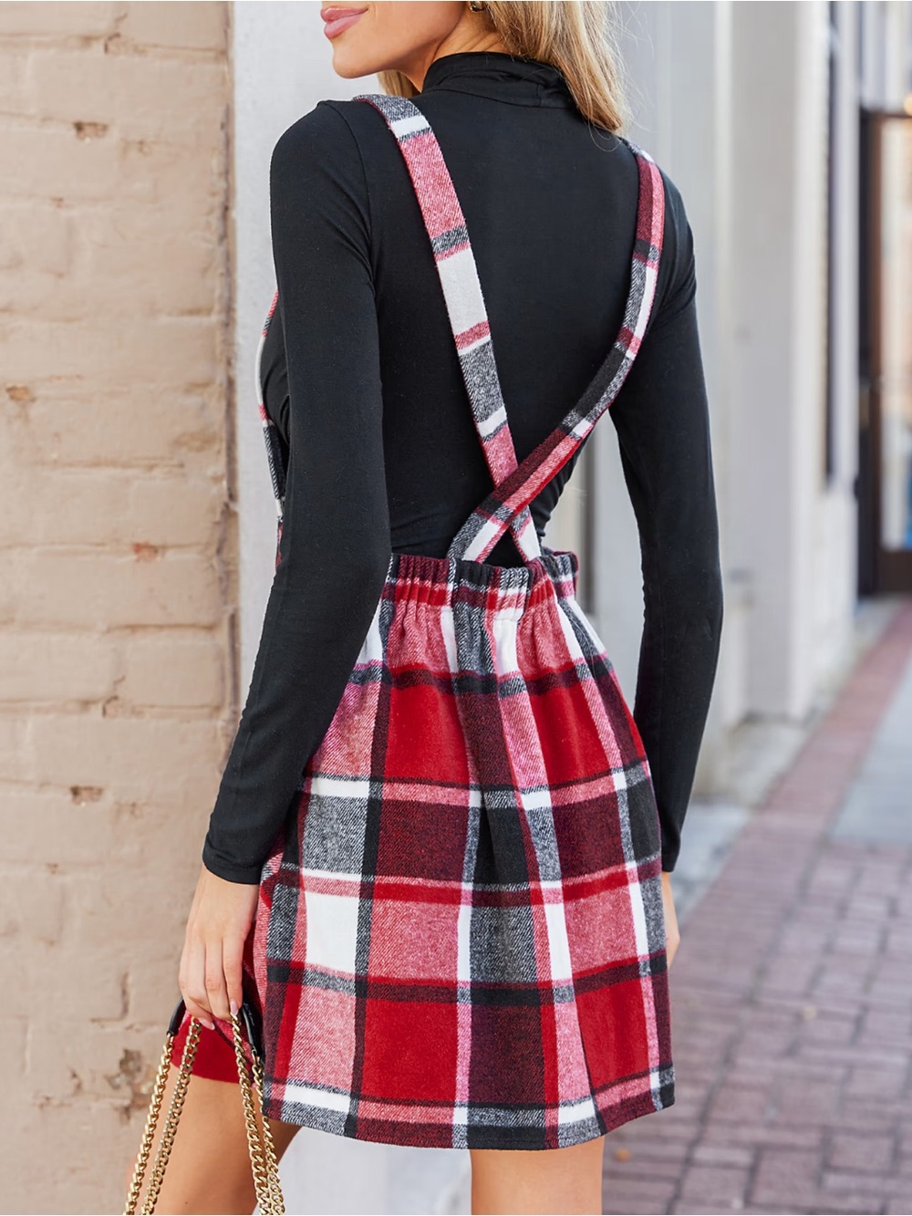 NWT Cupshe Red Plaid Overall Mini Dress With Square Neck Size Large - Picture 2 of 16